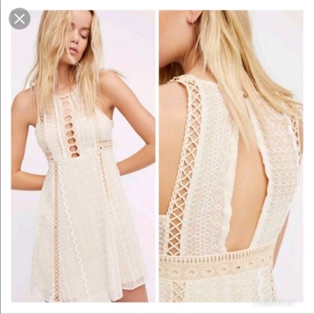 Free People | Wherever You Go Tan Embroidered Crochet Fit & Flare Mini Dress